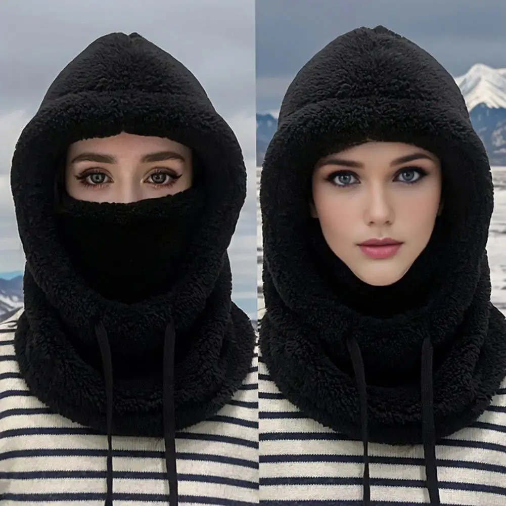 Women Riding Headgear Solid Color Adjustable Drawstring Face Guard Headgear Fall Winter Thickened Warm Plush Hat
