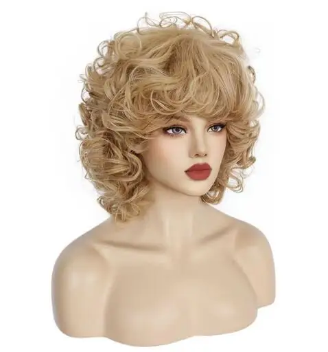 Short Blonde Brown Curly Wavy Synthetic Sandy Grease Cosplay Women\'s Wig for Halloween Christmas School Thanksgiving Day