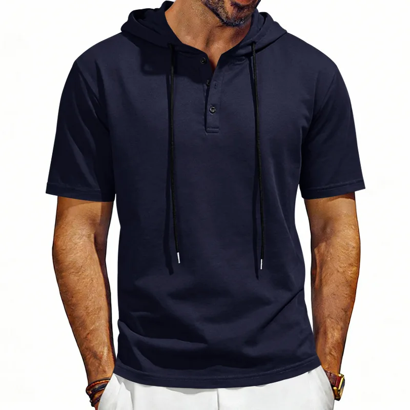 Men's Short Sleeve Hooded Henley T‑Shirt Drawstring Hoodie 3 Buttons Placket Loose Summer Casual Daily Tops