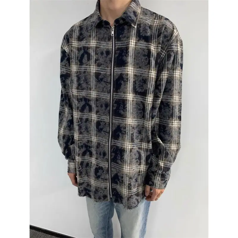 Korean Retro Niche Zipper Plaid Shirt Jacket Men's Spring and Autumn Ins Blooming Fixed Style Versatile Long-sleeved Shirt