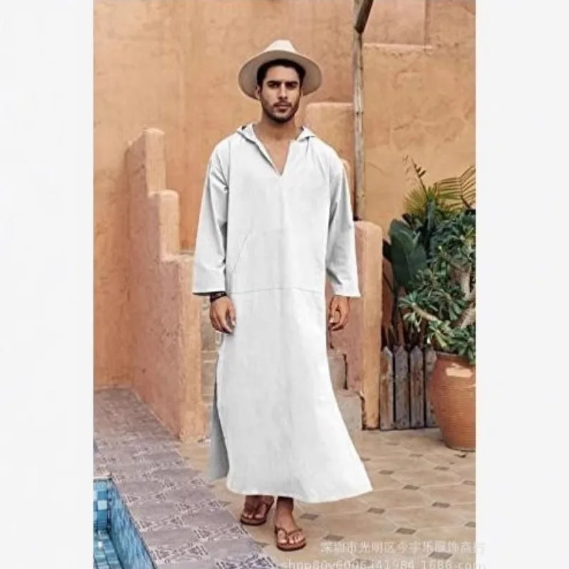 2025 Hot Sale Mens Muslim Robe Arabic Style Long Hooded Thobe Traditional Middle Eastern Clothing