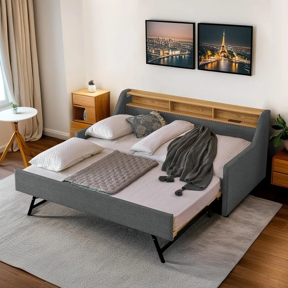 Wireless Charger, Upholstered Sofa Day Bed Frame w/LED/USB/Type C/Storage Headboard, Twin to King Trundle Bed for Bedroom