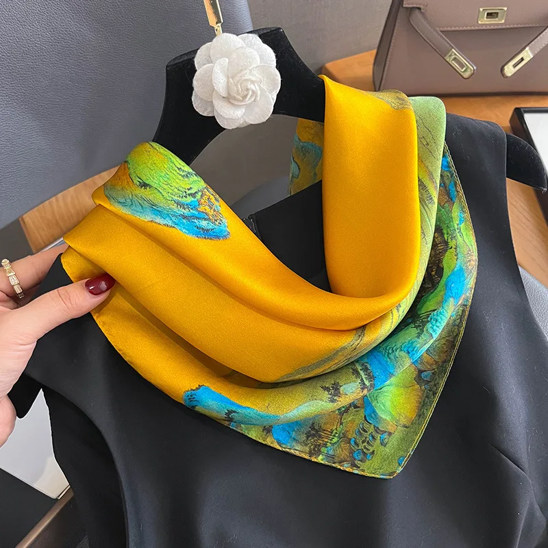 100% Natural Real Silk Scarf Women New Print Neck Hairband Square Shawl Neckerchief Female Hijab Poncho Bandana Headband 2024