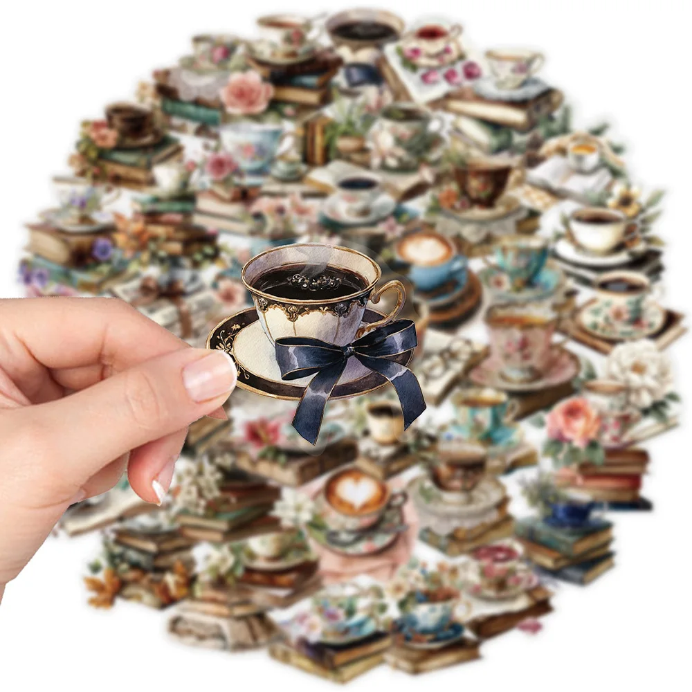 

50PCS Cartoon Retro Book Coffee Graffiti Sticker Transparent Waterproof Decal Toy for Mobile Phone Case Water Cup Scooter Helmet