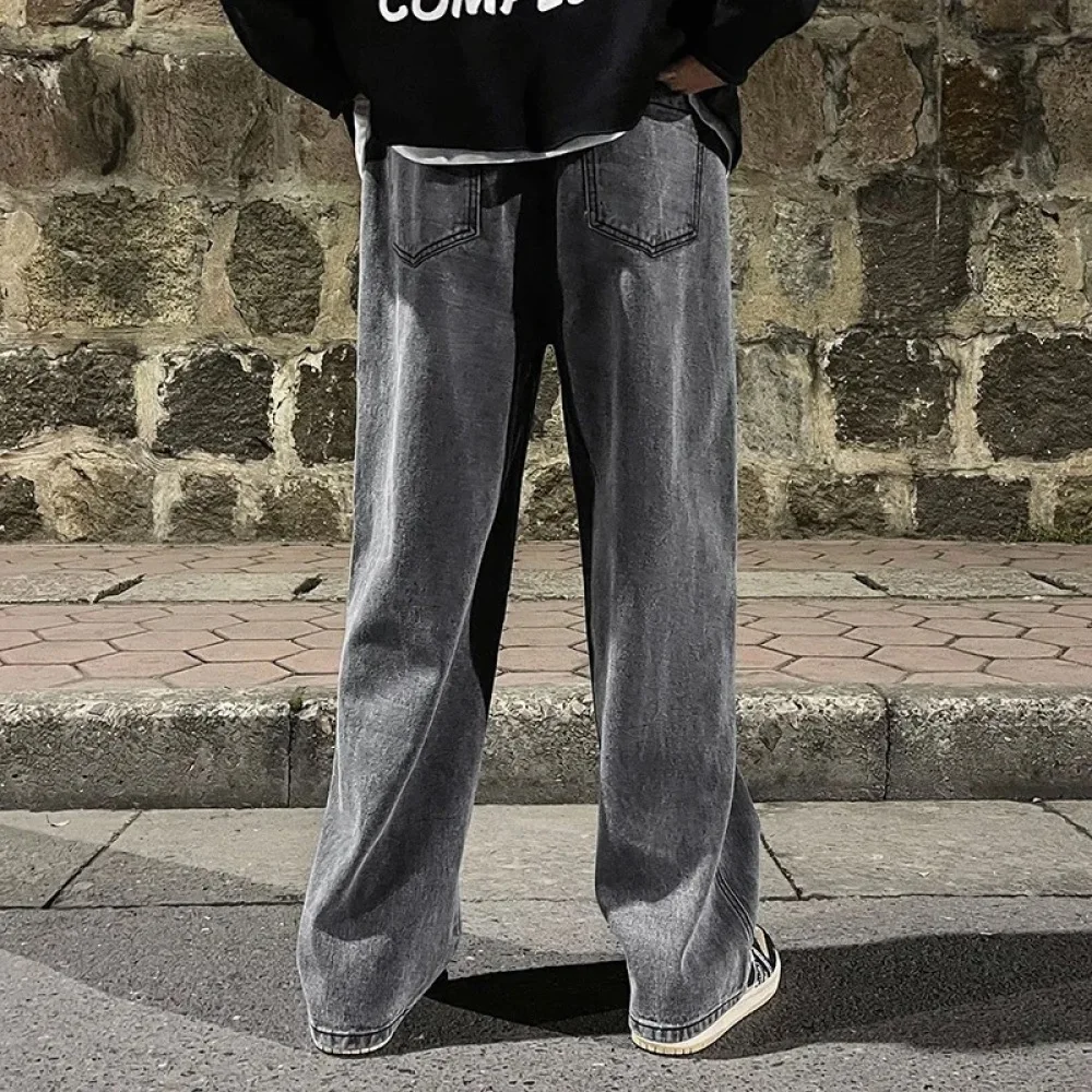 Casual Mens Straight Jeans Wide Leg Denim Pants Streetwear Fashion Comfortable Loose Fit Elastic Waist Long Trousers New