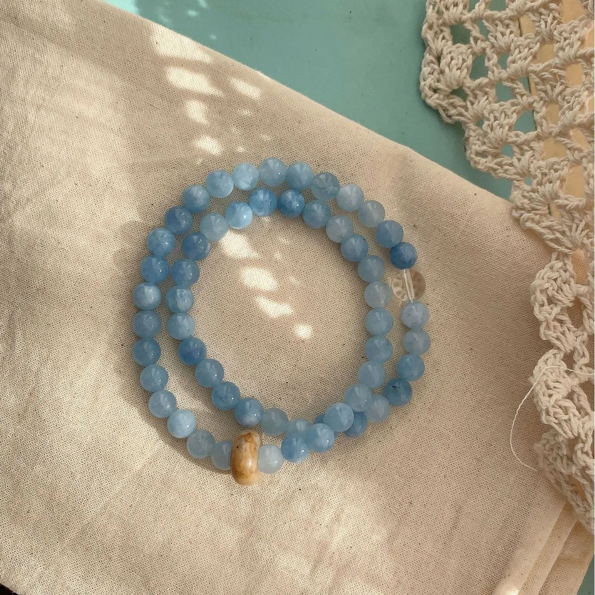 

Premium Natural Sea Blue Double Layer Stackable Beads Bracelet Elastic String Neo Chinese Niche Fresh Exquisite Jewelry Craft