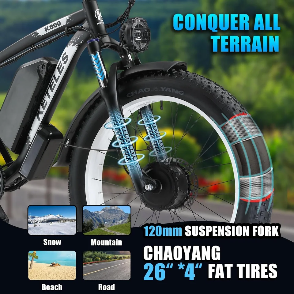 KETELES 26'' Adult Electric Bicycle 4000W Dual Motor 21-Speed E-Scooter 48V 23AH Removable Lithium Battery Brushless Motor 32mph up to 70 Miles Full Aluminum Frame Ebike image 8