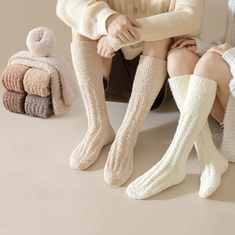 

Winter Warm Coral Fleece Knee High Socks Women Plush Lolita Home Sleep Floor Long Socking Jk Solid Soft Thigh High Fun Sock