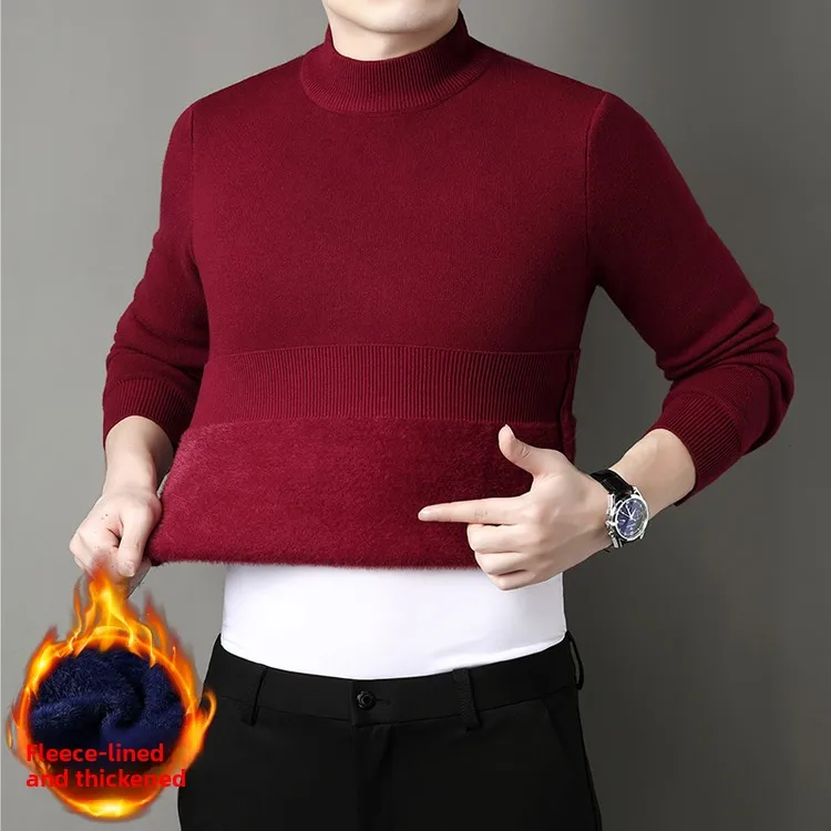 

Men's Fce Lined Knitted Thiened f High Collar Sweater Autumn Winter Warm Loose Pure Color Dad Sle Knit Base irt