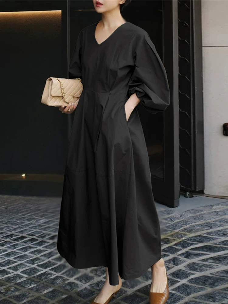 ZANZEA Donne Allentato Maxi Abiti 2025 Autunno Casual Con Scollo A V Lanterna Maniche Elastico A Vita Alta Robes Femme Moda Solido Abiti