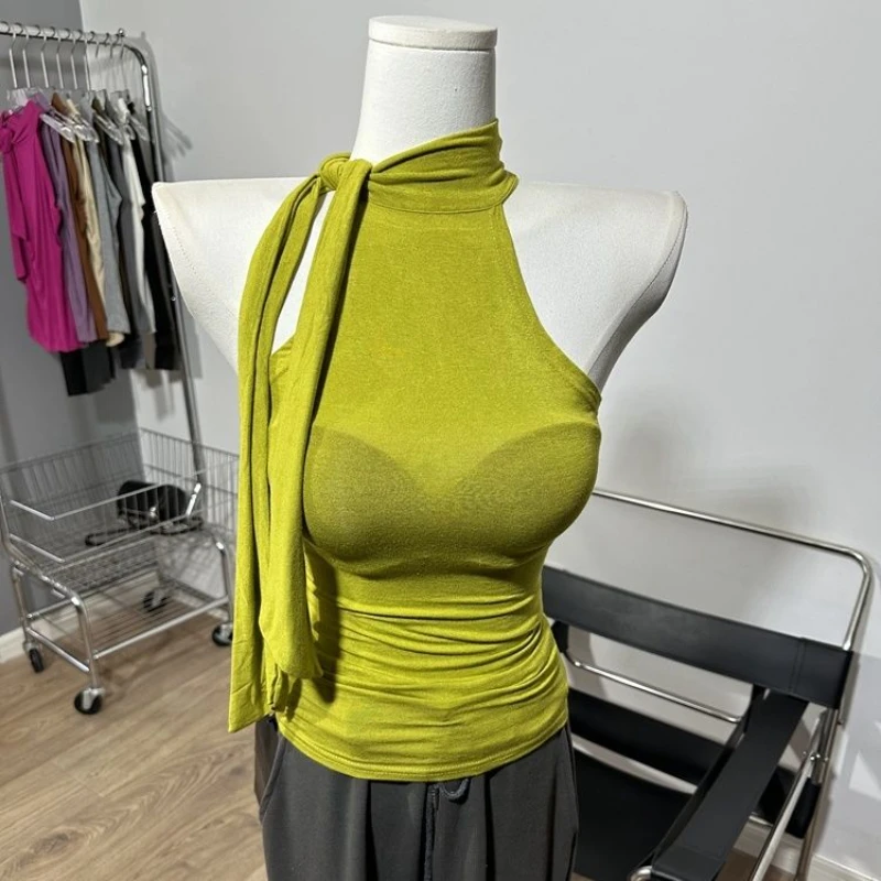 Wholesale Sexy Sleeveless T Shirts Women Slim Tight Top 2024 New Summer Scarf Collar T Shirt Korean Style Solid Thin Tank Tops