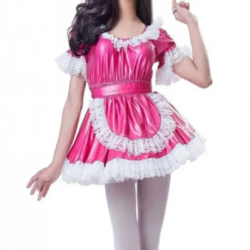 

Gothic Sexy Maid Lockable PVC Dress Pink White Border Girly Cosplay Costume Adult Party Wear Carnival Customizable Tailored