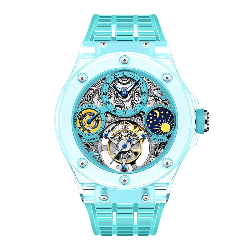 Haofa Tourbillon Crystal Mechanical Colorful Watch for Men Hollow straight in Skeleton Painted Roman numerals day and night 2231