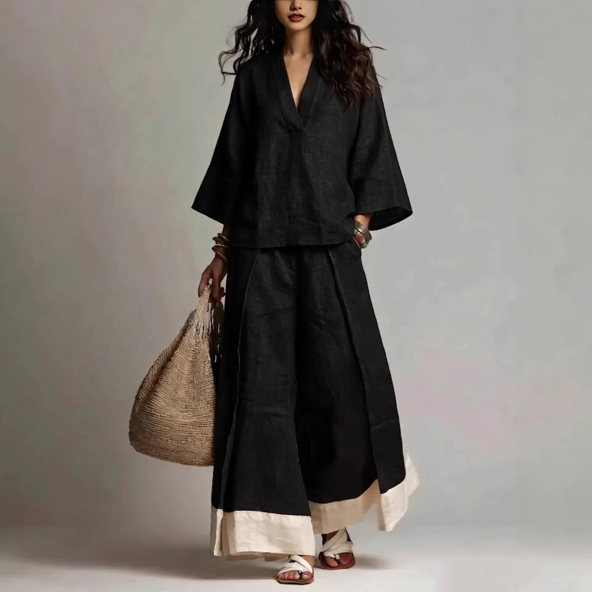 Women's V Neck Three Quarter Sleeve Top And Wide Leg Pants Two Piece Set Soft Linen Texture Loose Fit Commute Daily Wear Outfit