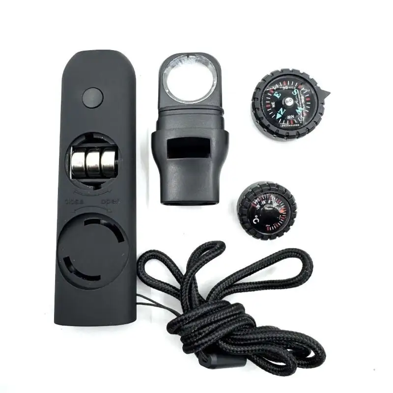 التخييم، التخييم، صفارة إنقاذ محمولة متعددة الوظائف سبعة في واحد مع ضوء LED، ميزان الحرارة، البوصلة، عدسة مكبرة