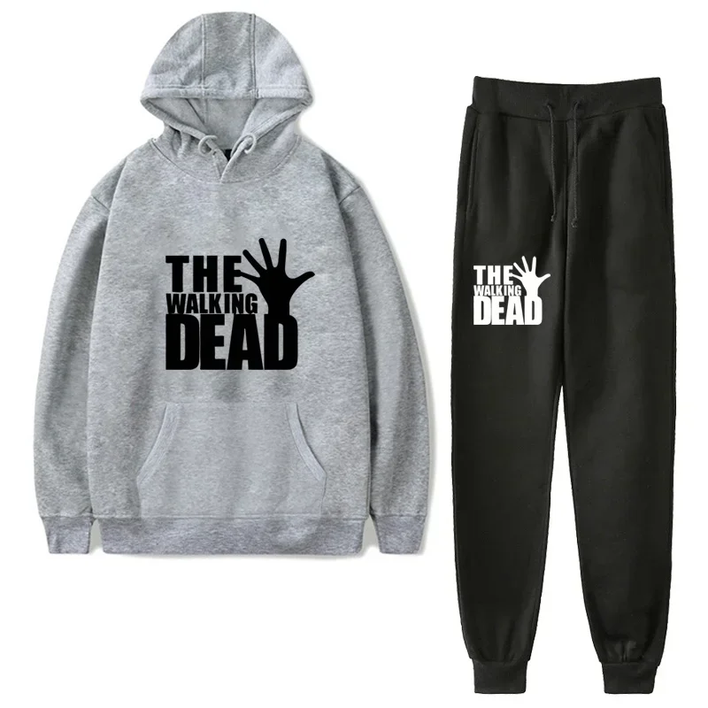 The walking dead conjuntos de roupas esportivas masculinas outono inverno com capuz grosso masculino casual agasalho 2 peça moletom conjunto