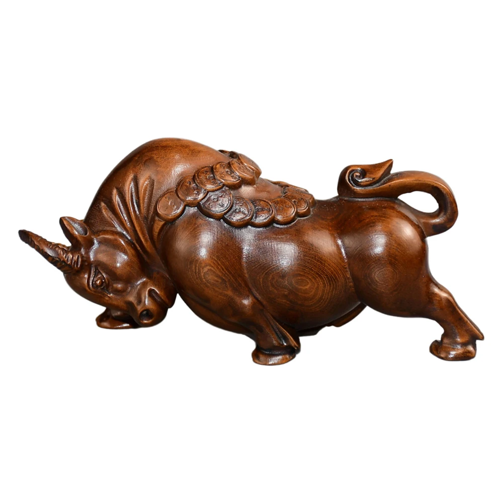 Statue en bois vintage, bœuf chinois Feng Shui sculpté à la main, pièces de monnaie, prospérité, succès, fortune, ambition, persévérance, grande force