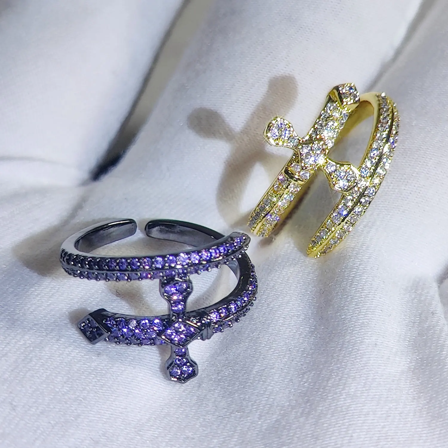 

Gold Purple Plated Zircon Iced Out Cross Justice Sword shaped Ring Open Adjustable Hip hop Personality Gift for Men Women