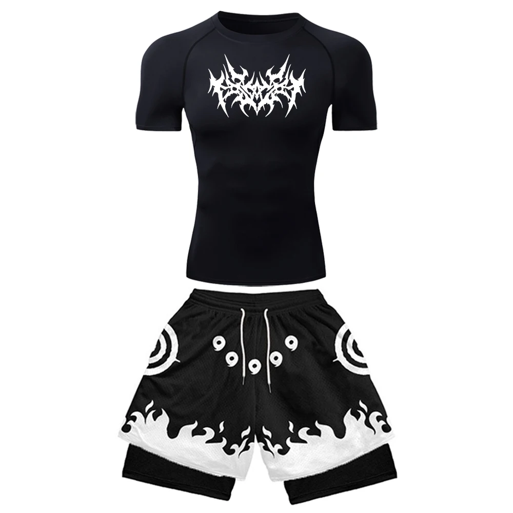 

Quick Dry Men Gothic Tribal Print Compression Athletic T Shirt And Flame Pattern Double Layer Shorts Gym Training Sports Set