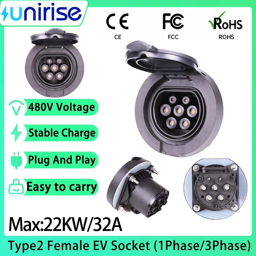 UNIRISE Type2 Female Socket 16A 32A 1Phase/3Phase Max 22KW For Electric Vehicles AC Charging Station Type2 (IEC 62196-2) Socket
