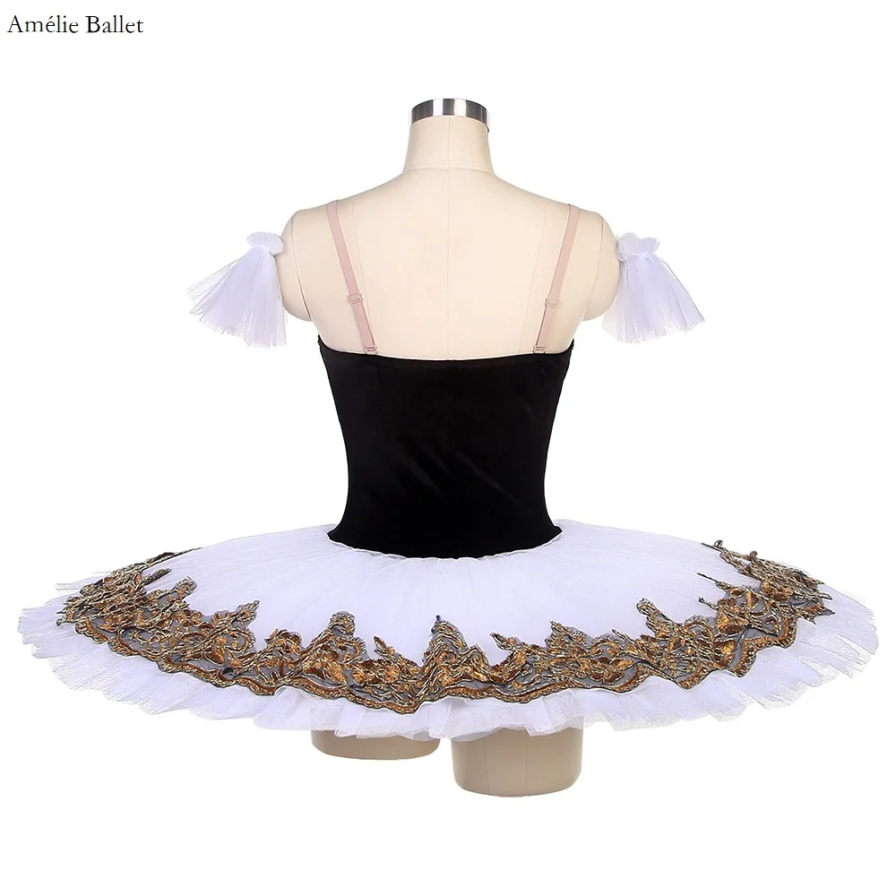 BLL090 Girls and Women Black Velvet Bodice White Tulle Tutu with Gold Applique Decorated Pre-professional Ballet Dance Tutu