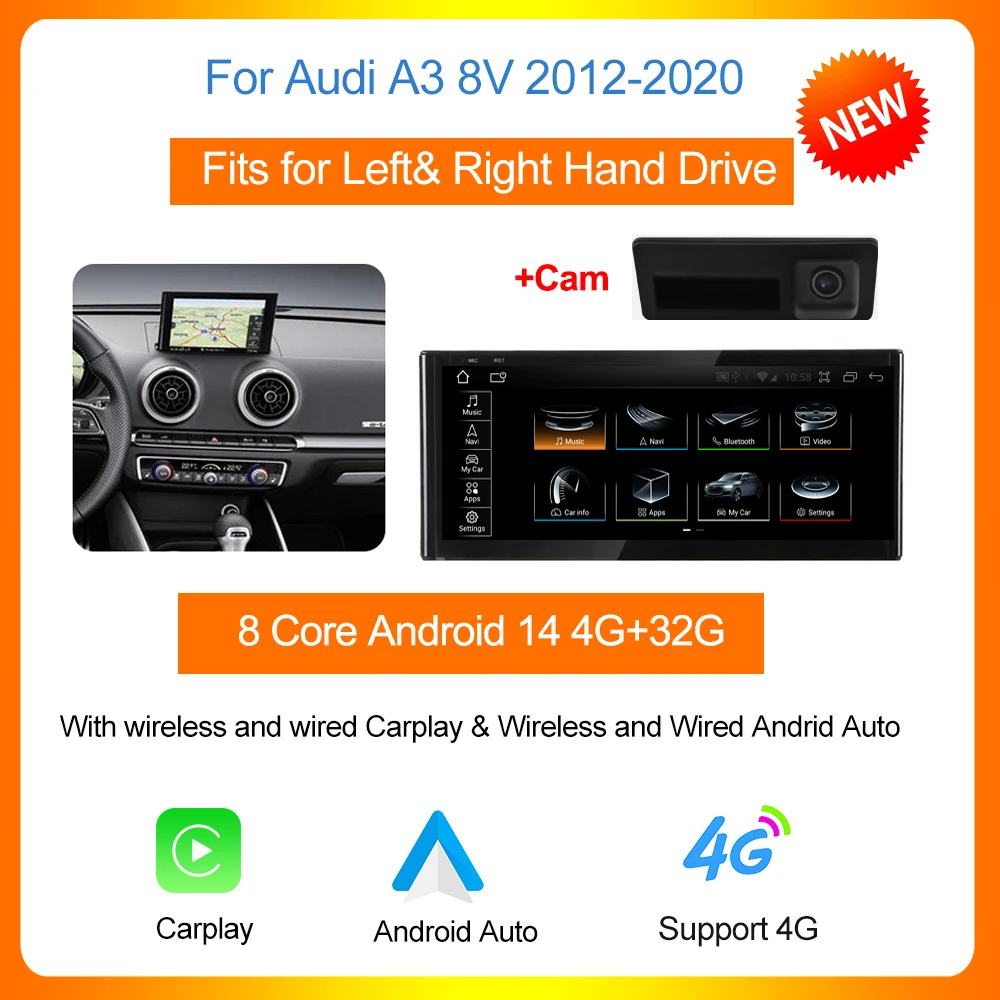 Autotop 10.25 "Android 14 Auto Radio Voor Audi A3 8V 2012-2020 Draadloze Carplay Android Auto Gps Navigatie Bt 2din Auto Multimedia