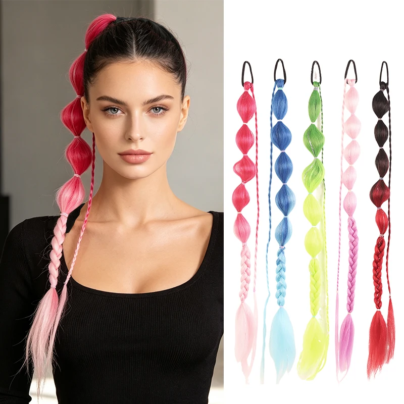 Synthetic Bubble Braid Ponytail Wig, Tinsel Glitter Braided Hair Extension With Elastic Rubber Band Colorful Festival Hairpiece