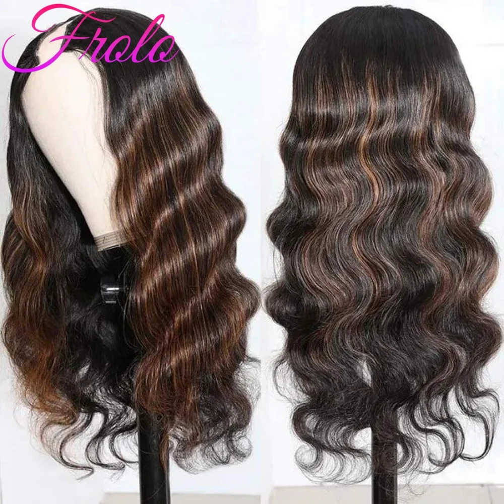 

V-образный парик из человеческих волос без клея 1B/30 Highlight Ombre Парик из человеческих волос 250 Плотность Бразильские объемные волны Парики из человеческих волос для женщин