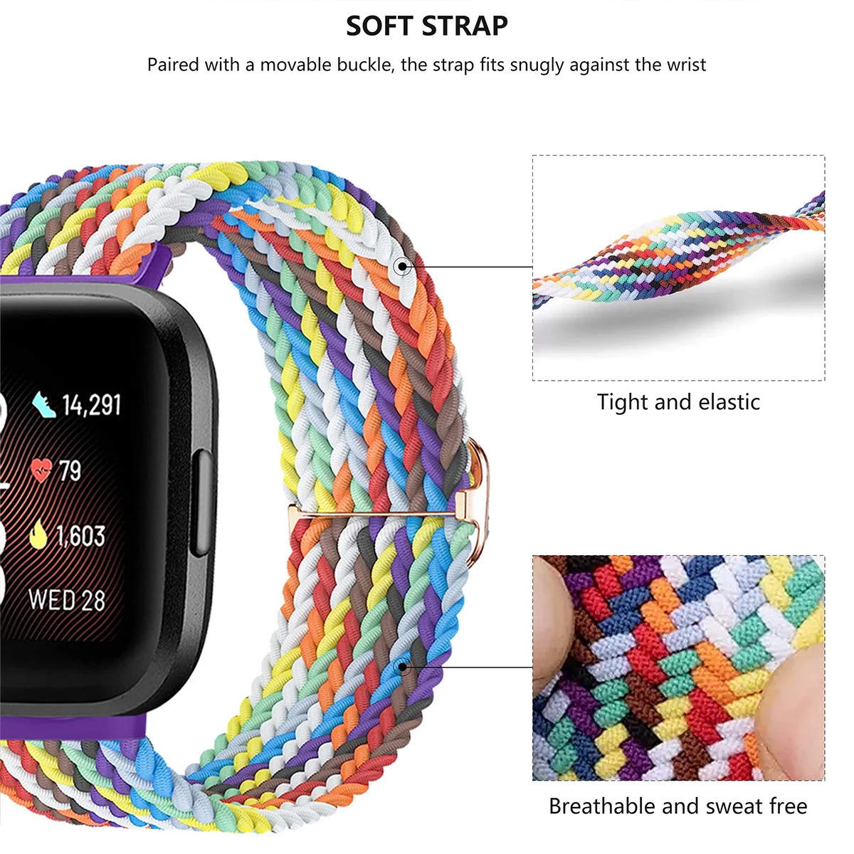 Strap for Fitbit Versa3 4 Band Braided Solo Loop Adjustable Wristband Bracelet for Fitbit Versa Sense/Sense2 Sports Watchband