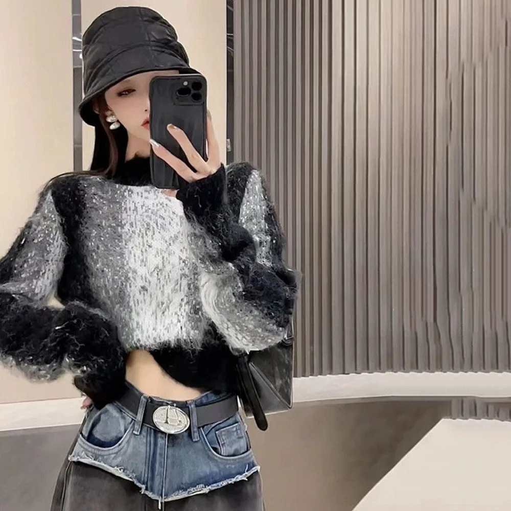 Coreano autunno inverno moda Furry contrasto colore maglione donna nuovo corto lavorato a maglia Top elegante pullover Oversize maglieria femminile