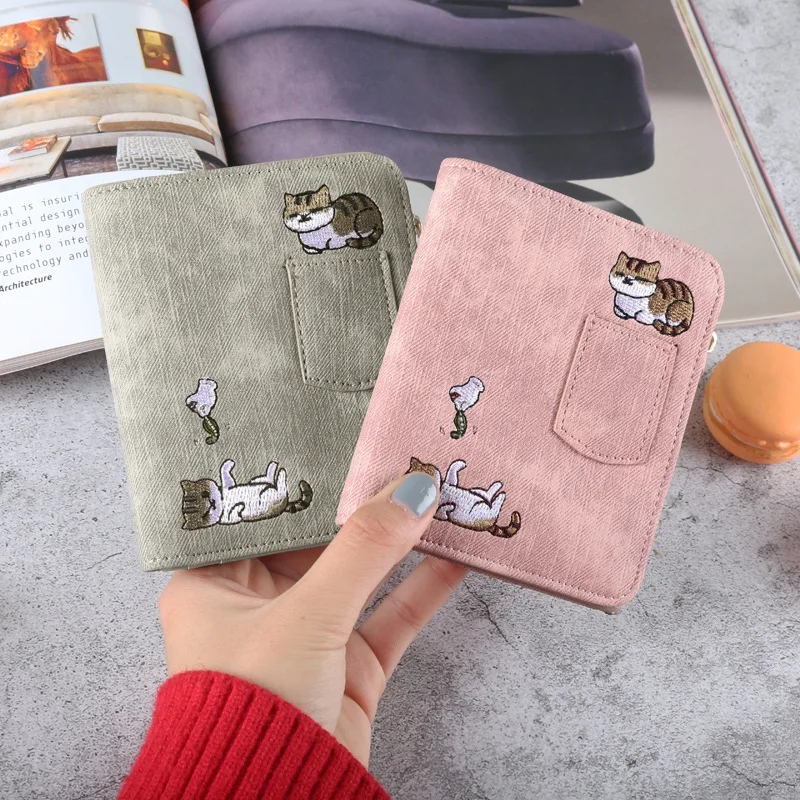 Embroidery Cat Women Short Wallet Zipper Coin Purse Short Women's Wallet Kawaii Mini Cards Holder Clutch for Girl Carteras Mujer