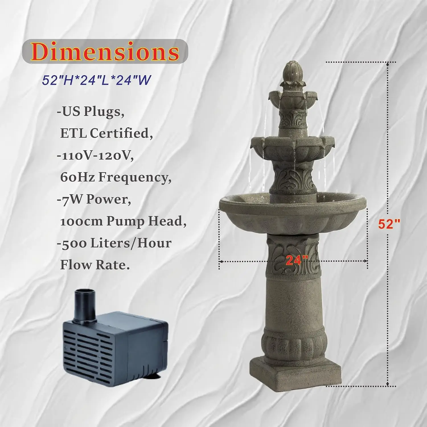 52 Inch 3 Tier Outdoor Led Garden Fountain Large Floor Standing Cascading Waterfall Bubbler Resin Water Feature Patio Yard Space