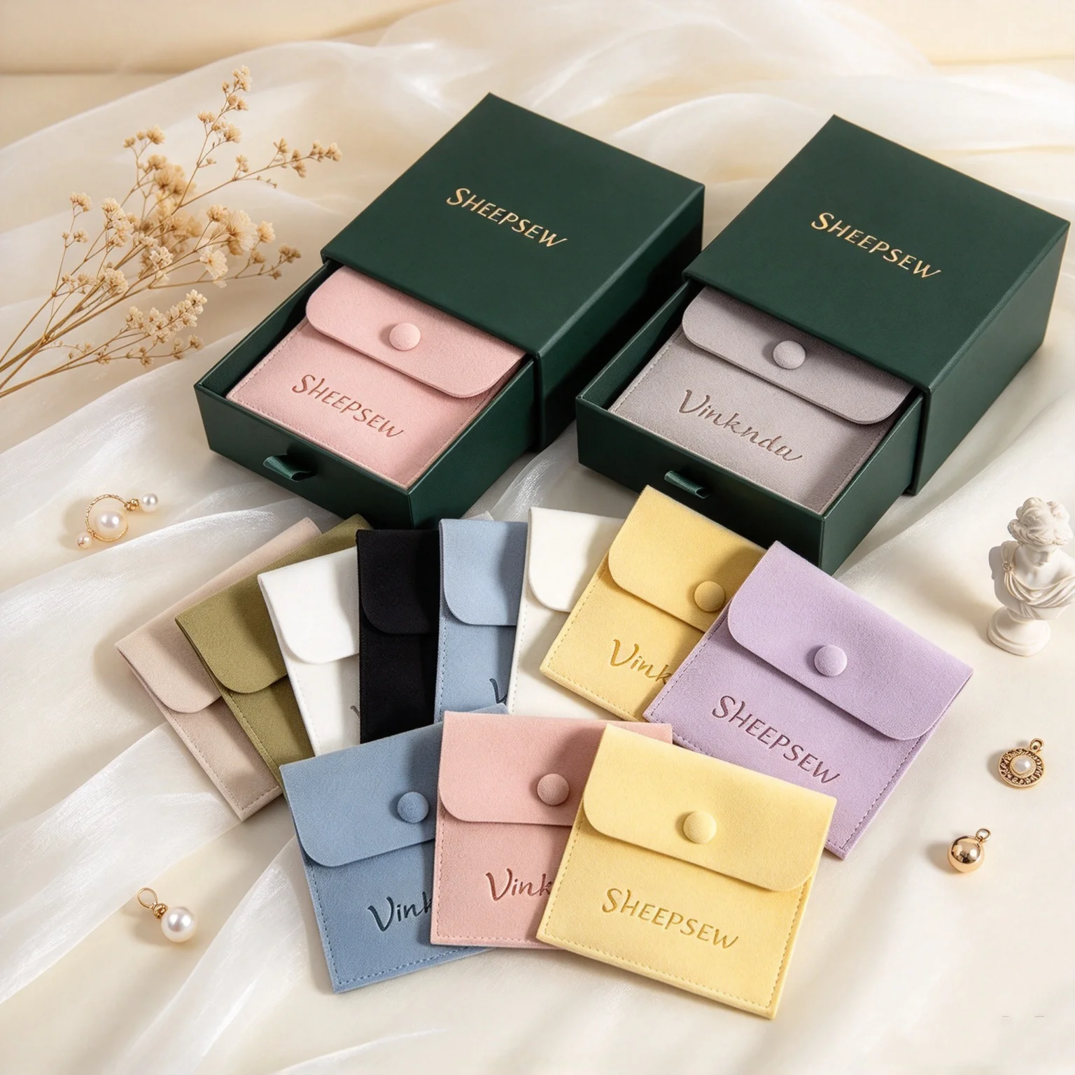SHEEPSEW 24/50/100Sets Green Drawer Jewelry Box 9x9x3.2cm 8x8cm Microfiber Suede Snap Pouch Earrings Gift Packaging Case