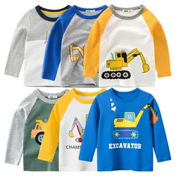 Desenhos animados escavadeira t-shirt para meninos, manga longa, o-pescoço, algodão, desgaste infantil, t-shirt infantil, roupas novas da moda, outono, 2024