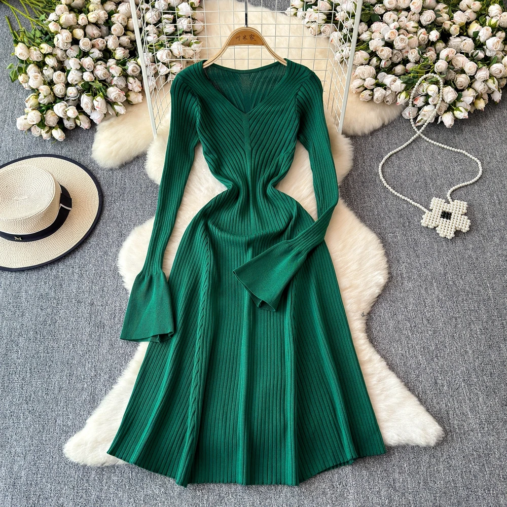 sweet Basic Long Sleeve v neck Slim Pencil Dress Vintage Party Korean Fashion Knit Vestido Women Autumn dresses