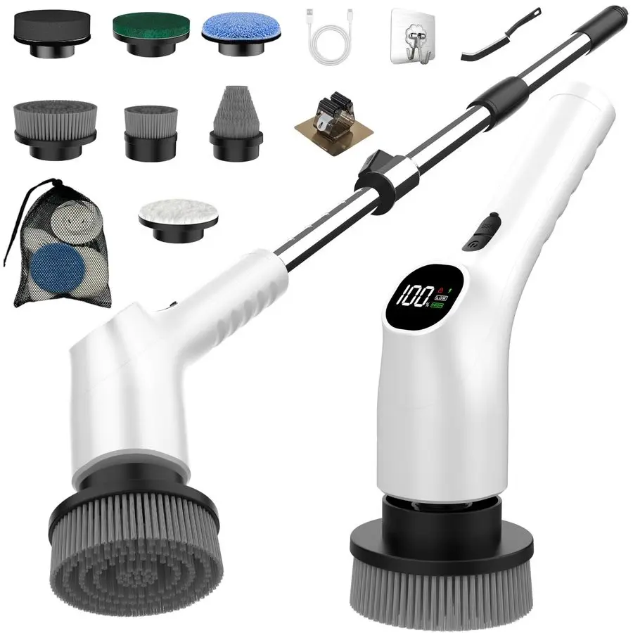 

Щетка-скруббер для душа с длинной регулируемой ручкой, ЖК-дисплеем, 2 скоростями и 7 сменными насадками для ванной комнаты
