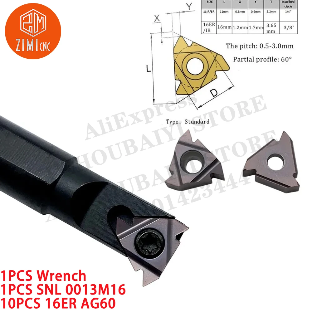 2PCS SNL 0016Q16 SER 1616H16 Barre d'alésage de filetage interne + 10PCS 16ER AG60 BP15TF Inserts en carbure CNC Outil de coupe de tour à métaux