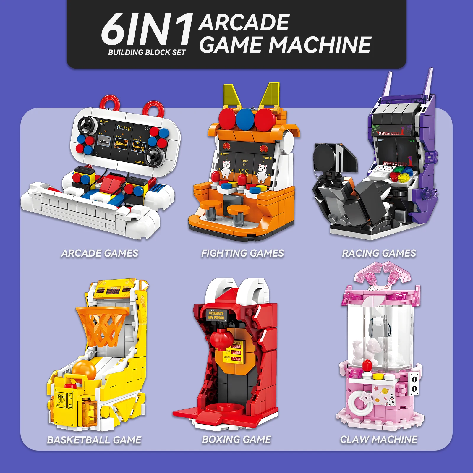 

6in1 Arcade Game Building Blocks Set, Mini Arcade Machines Model Kit with Fighting Racing Basketball Boxing & Claw Machine