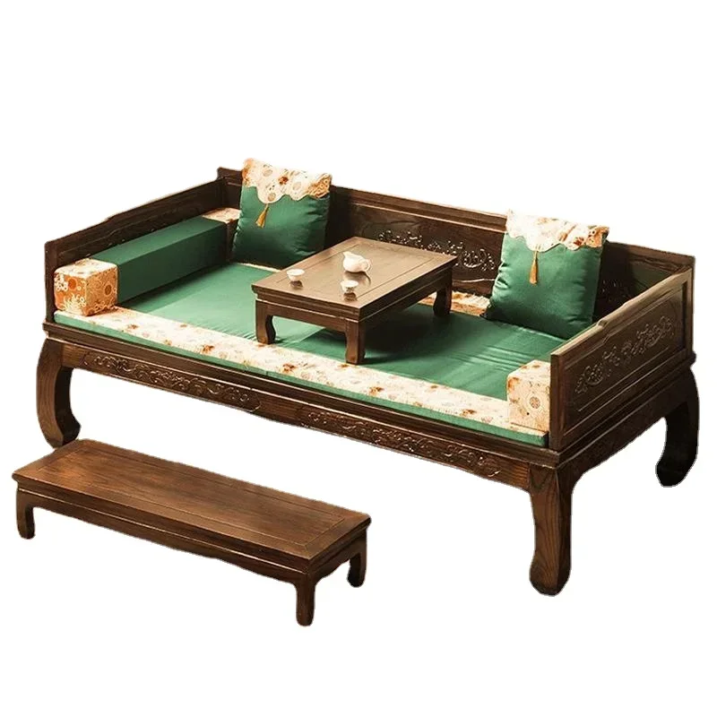 ~L Elm Arhat Bed Solid Wood Chinese Sofa Bed Hotel Tea House Antique Carved Classical Simplicity Zen Bed