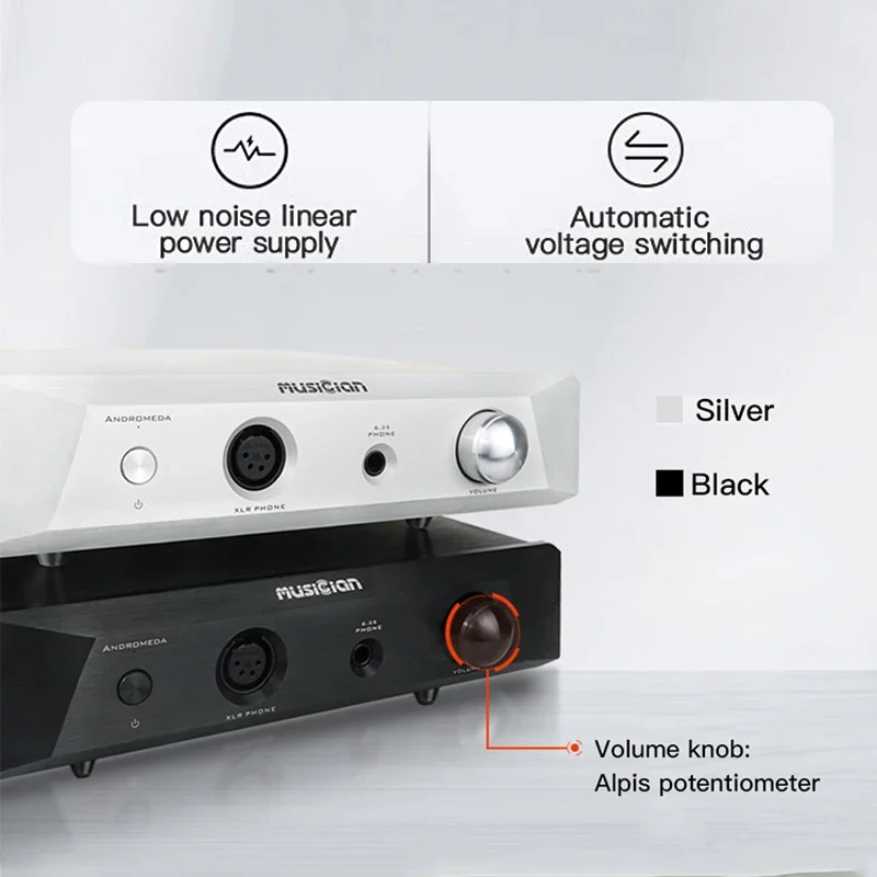Músico Andromeda Amplificador de fone de ouvido Classe A pura totalmente balanceado 3 pinos 4 pinos XLR 6,35 mm 350 mW Saída 8 W 128dB Amplificador de fone de ouvido