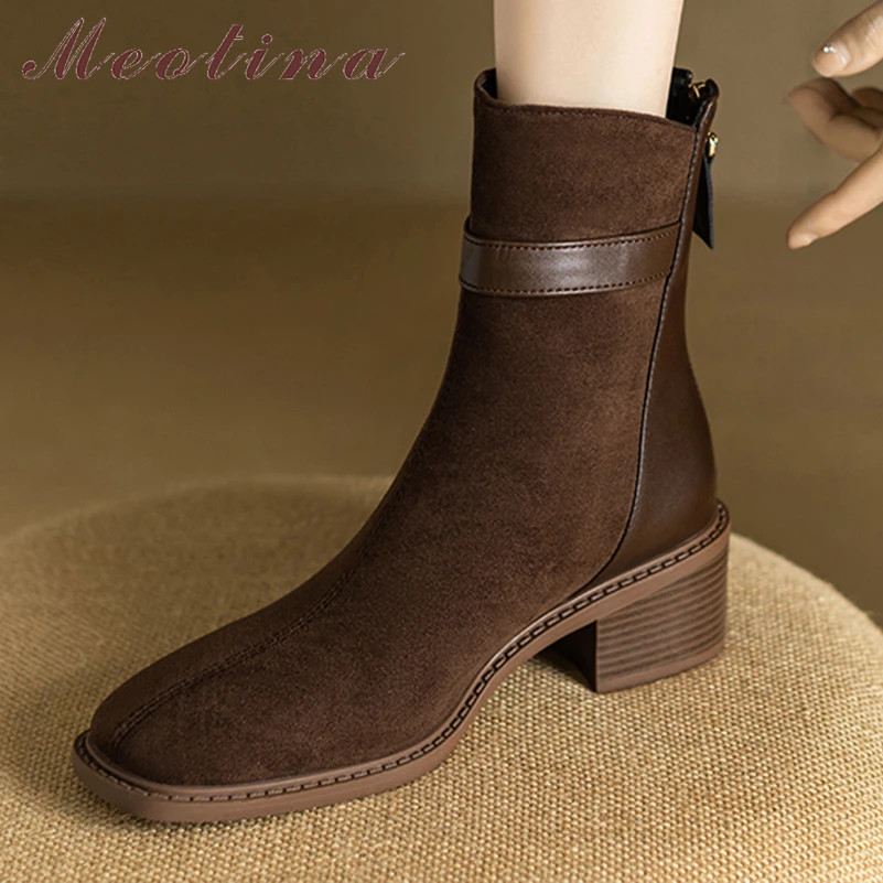 Meotina Women Ankle Boots Square Toe Block Mid Heels Zipper Buckle Short Boots Ladies Fashion Autumn Winter Shoes Black Brown 43