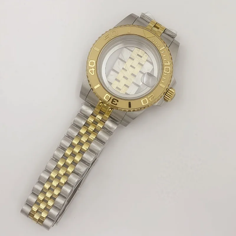 علبة ذهبية 40 مللي متر يخت من خلال علبة الورق السفلي 5 خرز حزام قابل للضبط + مجموعة حلقات لـ NH35/36