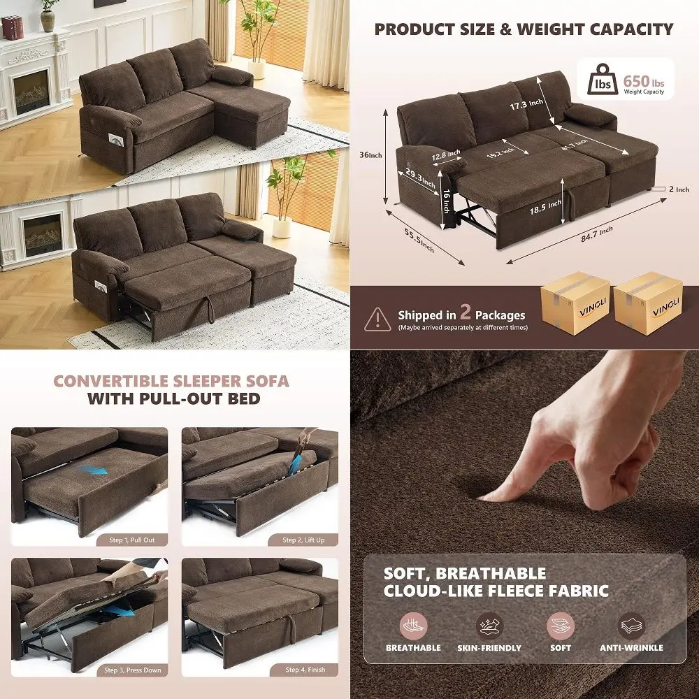 

Convertible Sofa Bed Couches for Living Room, Sleeper Sofa with Pull Out Couch Bed, CloudLike Plush Fleece LShape Sectional Cou