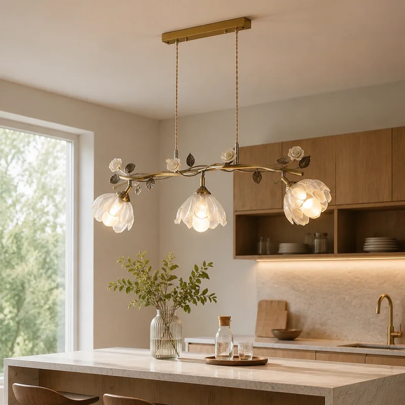 Nordic Glass Flower Petal Pendant Fixture Wabi Sabi Floral Branch Design For Dining Room Kitchen Island Decorative Pendant Lamp