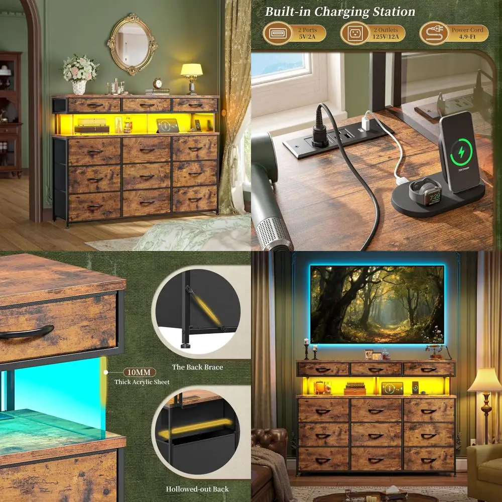 

Bedroom Charging Station with LED Lights, Fabric Drawers & Chest of Drawers, TV Stands for Living Room, Open Shelves, 10mm Thick