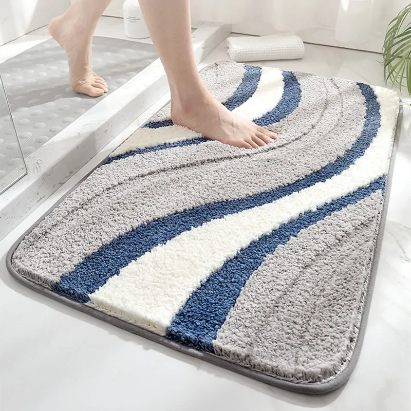 Flocking Bath Mat Three-dimensional Striped Microfiber Bathroom Carpet Absorbent Quick-drying Foot Mat Shower Door Mat Rug