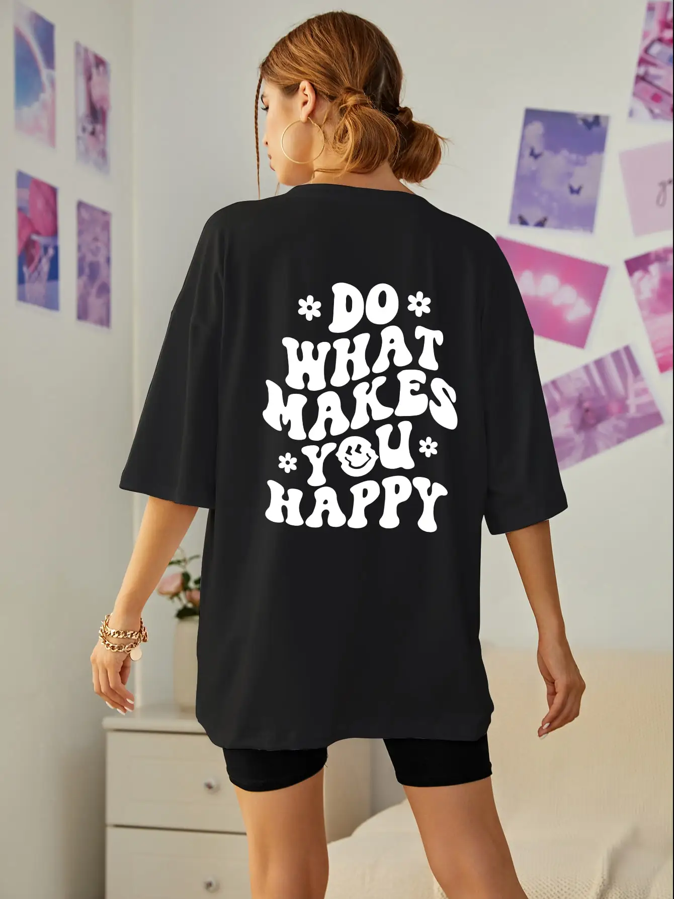 do what makes you happy slogan Letter Print Women T-Shirts O-Neck Breathable Short Sleeve Summer 100% Cotton Tshirt Hip Hop Tops