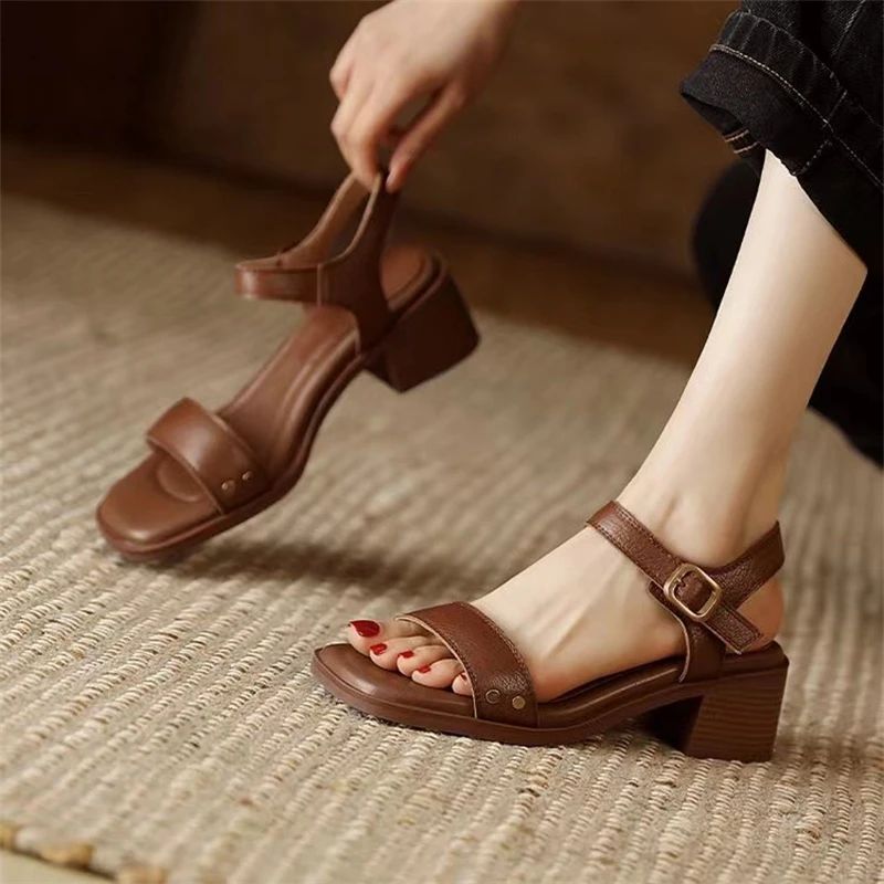 Summer Sandals Women Heels Elegant Open Toe Slingback Shoes for Women Fashion PU Leather Non-slip Soft Sole Sandalias De Mujer