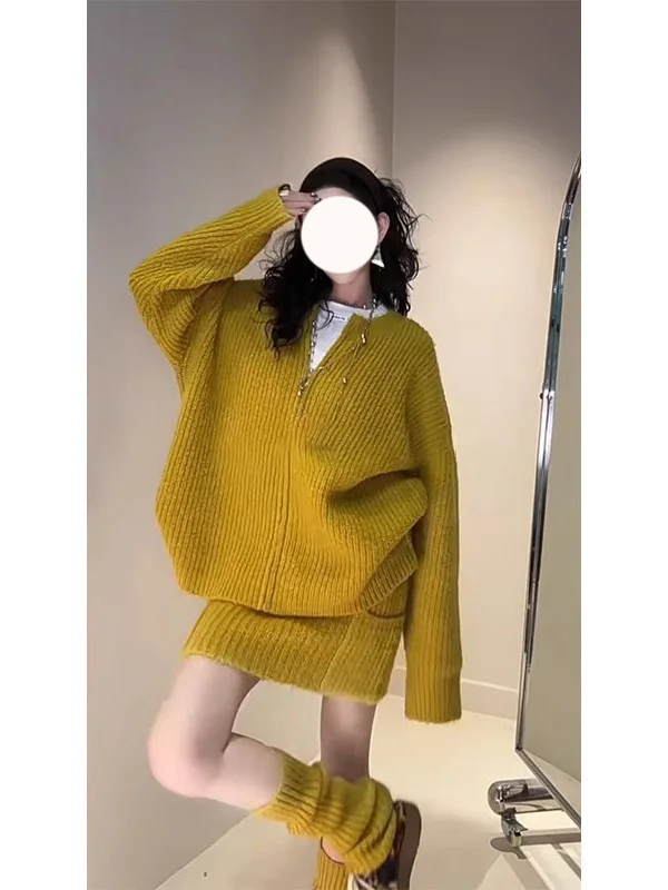 

Мягкий уютный кардиган оверсайз, осенне-зимний новый модный комплект с юбкой-миди для женщин, платье с длинным рукавом в стиле lazy style