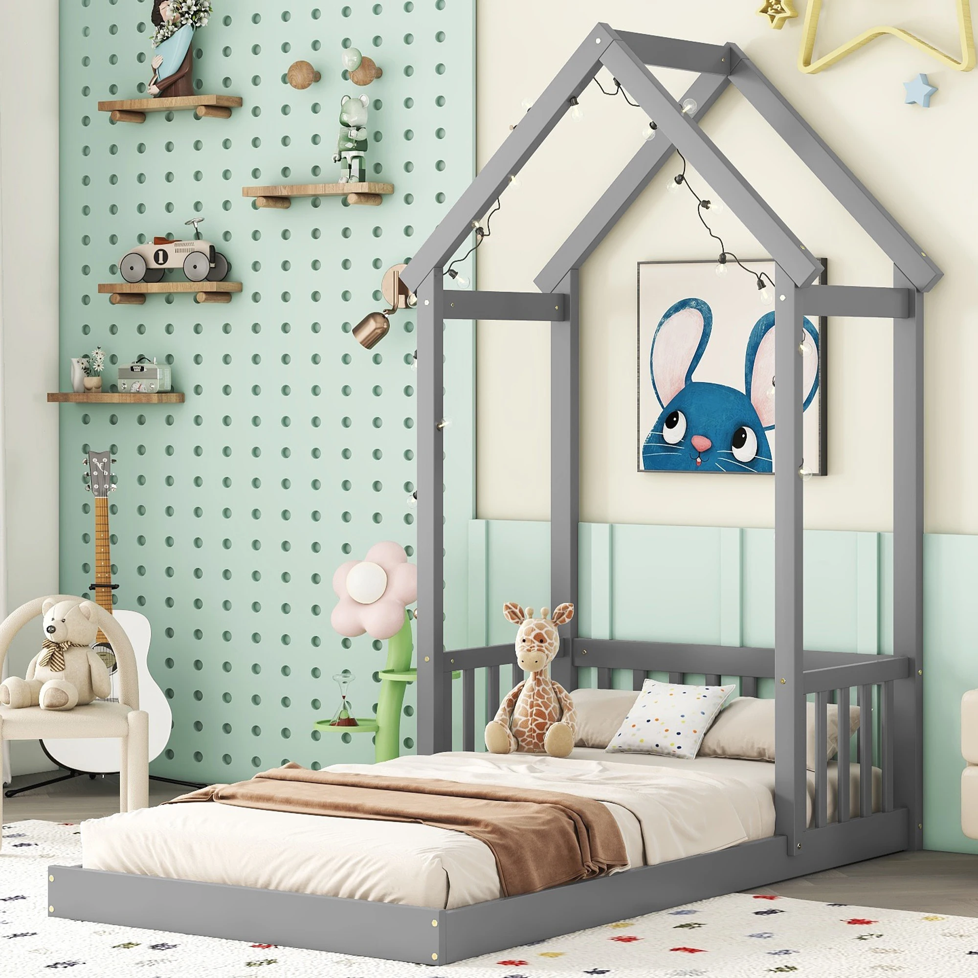 

Twin House-shaped Roof Headboard Floor Bed, Grey 77.80x44.80x80 in.
